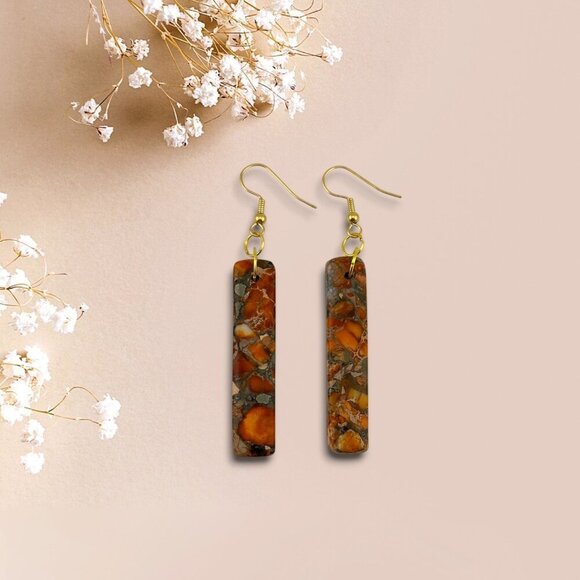 Orange Jasper Impressions Pyrite Earrings Natural Gemstones Gold Plated - Picture 4 of 10